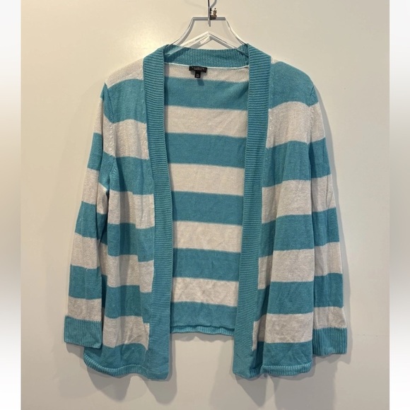 Talbots Turquoise Aqua Blue White Striped Linen Cardigan Womens Size 1XP (242) - Picture 2 of 5